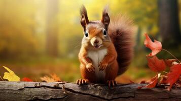 ai generado un rojo ardilla es sentado en un árbol rama foto