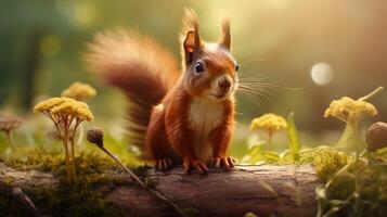 AI generated a red squirrel is sitting on a tree branch photo