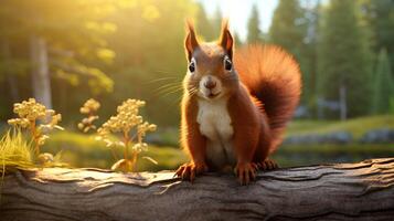 AI generated a red squirrel is sitting on a tree branch photo