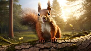 AI generated a red squirrel is sitting on a tree branch photo