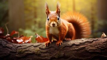 AI generated a red squirrel is sitting on a tree branch photo