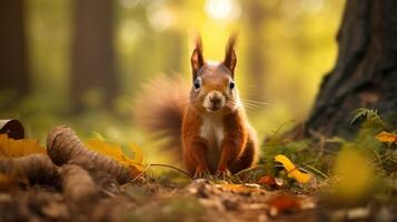 AI generated a red squirrel is sitting on a tree branch photo