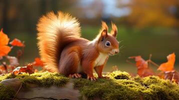 AI generated a red squirrel is sitting on a tree branch photo