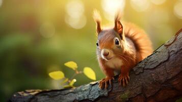 ai generado un rojo ardilla es sentado en un árbol rama foto