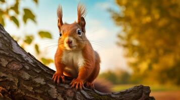 AI generated a red squirrel is sitting on a tree branch photo