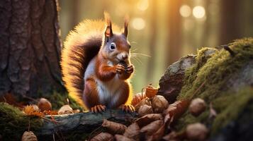 AI generated a red squirrel is sitting on a tree branch photo