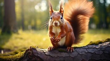 AI generated a red squirrel is sitting on a tree branch photo