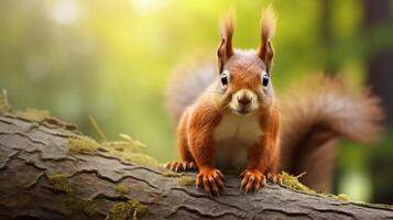 AI generated a red squirrel is sitting on a tree branch photo