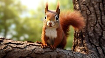 AI generated a red squirrel is sitting on a tree branch photo