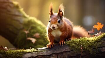 AI generated a red squirrel is sitting on a tree branch photo