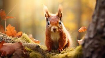 ai generado un ardilla es sentado en un árbol rama en el bosque foto