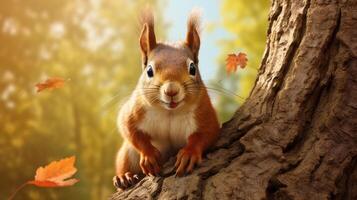 ai generado un ardilla es sentado en un árbol rama en el bosque foto