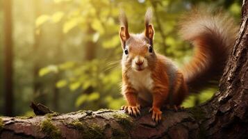 AI generated a squirrel is sitting on a tree branch in the forest photo