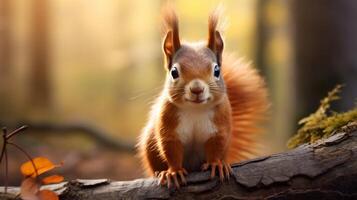 ai generado un ardilla es sentado en un árbol rama en el bosque foto