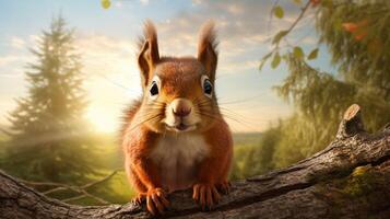 AI generated a squirrel is sitting on a tree branch in the forest photo