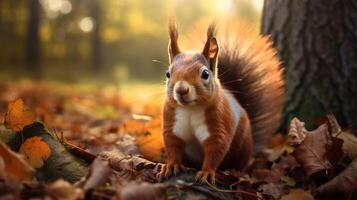 AI generated a squirrel is sitting on a tree branch in the forest photo