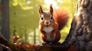 AI generated a squirrel is sitting on a tree branch in the forest photo