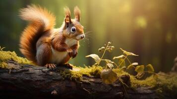 AI generated a squirrel is sitting on a tree branch in the forest photo