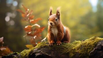 ai generado un ardilla es sentado en un árbol rama en el bosque foto