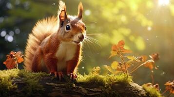 AI generated a squirrel is sitting on a tree branch in the forest photo