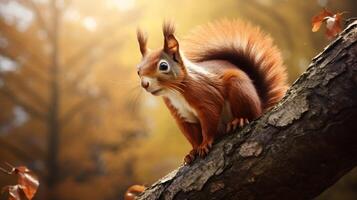 AI generated a squirrel is sitting on a tree branch in the forest photo