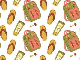 Seamless pattern of travel accessories. Accessories for seaside vacation, suitcases, bags, luggage, sunscreen, flip flops. Flat vector illustration.