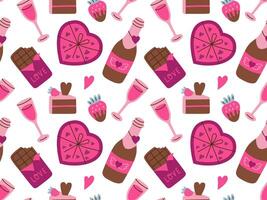 Valentine's day vector hand drawn seamless pattern. Cartoon style heart, chocolate, sweets. Flat vector illustration on white background.
