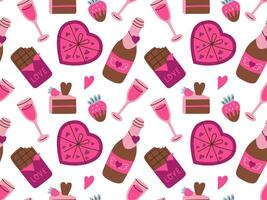 Valentine's day vector hand drawn seamless pattern. Cartoon style heart, chocolate, sweets. Flat vector illustration on white background.