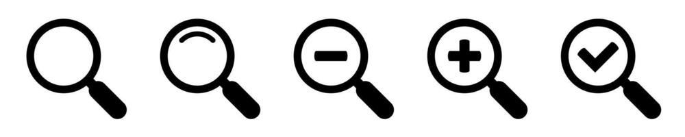 Magnifying glass simple icon collection. Search icon set, zoom in and zoom out icons. Magnifier or loupe with check mark sign. Vector illustration.