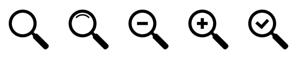 Magnifying glass simple icon collection. Search icon set, zoom in and zoom out icons. Magnifier or loupe with check mark sign. Vector illustration.