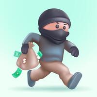 Masked thief carrying a bag of money. 3d vector, suitable for design elements vector