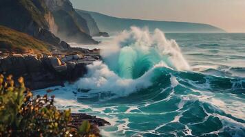 ai gegenereerd de blauw water van de oceaan is omringd door kliffen video