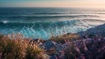 AI generated the blue water of the ocean is surrounded by cliffs video