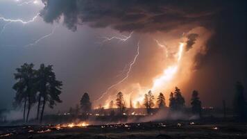 ai generado un relámpago tormenta es visto terminado un bosque con arboles y fuego video