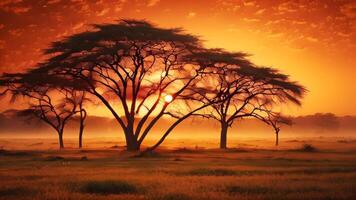 ai gegenereerd de zon sets achter een boom in de Afrikaanse savanne video