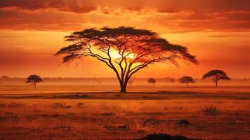 ai gerado a Sol conjuntos atrás uma árvore dentro a africano savana video