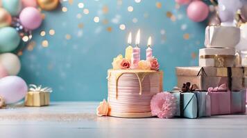 ai generado cumpleaños pastel con velas y regalos en un azul antecedentes video