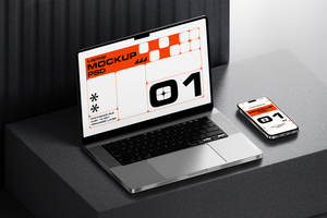 PSD mockup concept with smartphone and laptop screen in shadow