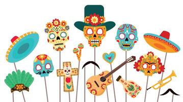 Dead of day photo booth. Skull masks, sombrero and props for Dia de los Muertos party. Mexican halloween holiday decorations flat vector set