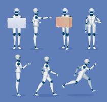 Humanoid robot mascot. Cartoon future android character poses. 3d robots running, standing, holding poster board and delivery box vector set