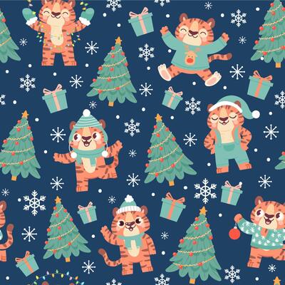 Christmas tiger seamless pattern. Cute cartoon tigers in santa hat with xmas tree, snowflake and gift box. New year 2022 animal vector print