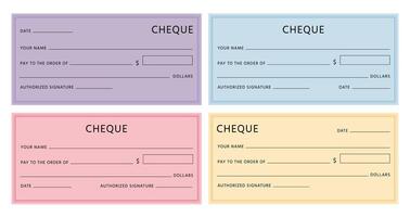 Cheque template. Blank checkbook pages mockups with empty fields. Bank check designs with borders. Colorful fake voucher cheques vector set