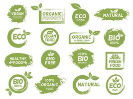 Green eco, organic and vegan product grunge label. Fresh healthy food logo. Bio natural, gmo free, vegetarian package logo stamp vector set