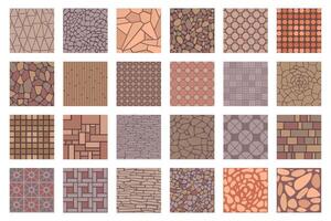 Street road pavements tile patterns top view. Floor tiles with rock, brick and cobble stone texture. Paved patio or park sidewalk vector set