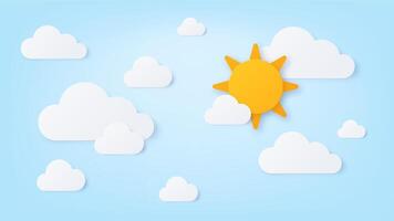 Paper sun and clouds. Summer sunny day, blue sky with white cloud. Nature cloudy scene in paper cut style. Good weather wallpaper vector art