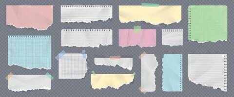 Colored paper notebook strips and pages with ripped edges. Realistic torn copybook pieces with duct tape. Crumpled sticky notes vector set