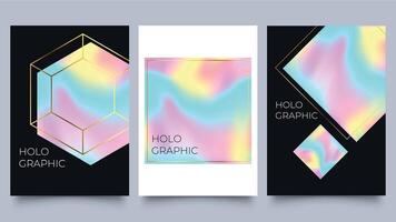 Holographic poster set. Spectrum with gradient mesh and geometric shapes with gold frames. 90s, 80s retro style vector