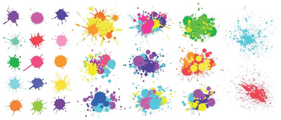 Color paint splatter. Spray paint blot element. Colorful ink stains mess. Watercolor spots in raw, splashes
