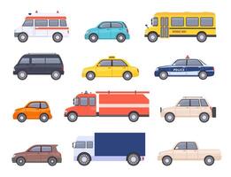 City transport cars. Urban car and vehicles, taxi, school bus, ambulance, fire engine, police and pickup truck. Flat automobile vector set