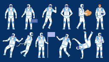 astronauta posa astronauta bailarín, estar con bandera, flotador en espacio. plano personaje en cosmonauta traje y casco. cósmico exploradores vector conjunto